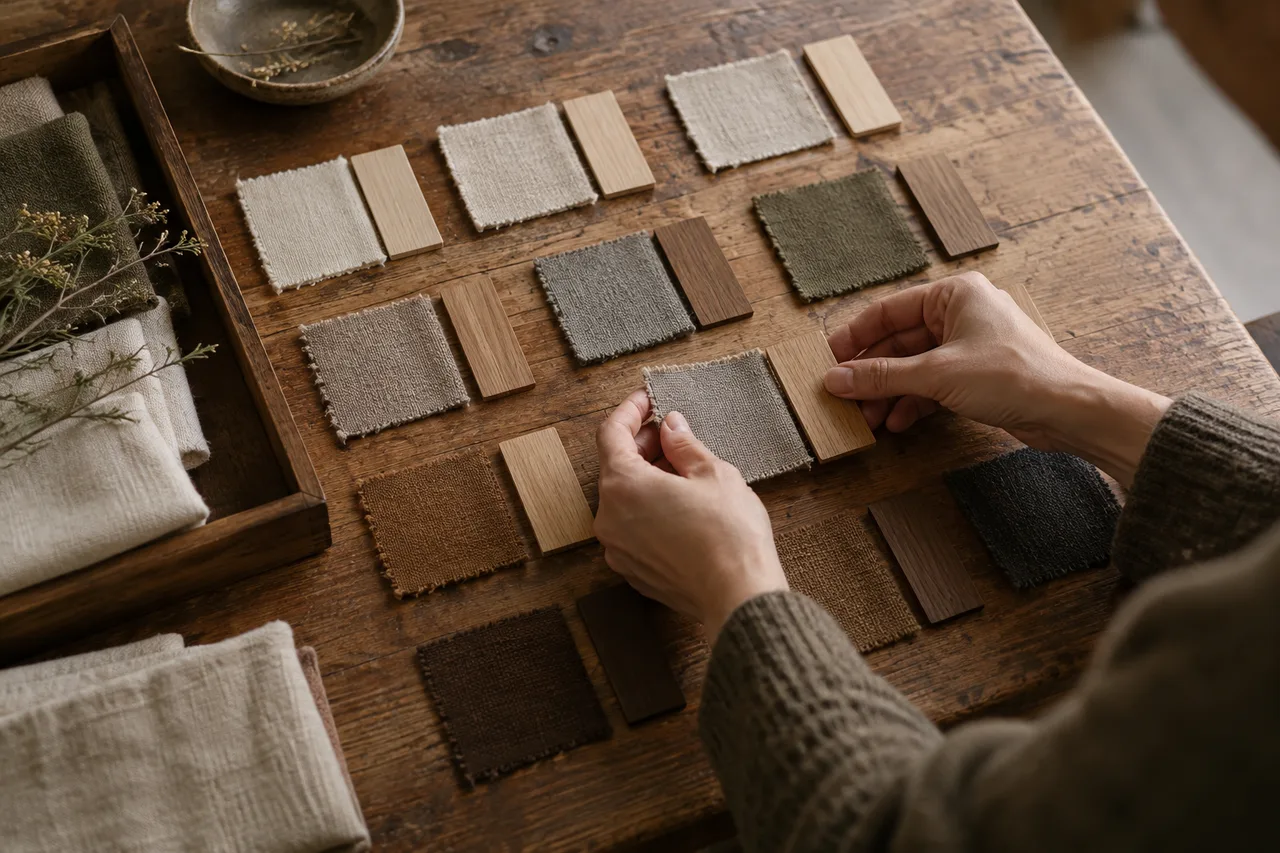 천 조각과 나무 표식을 같은 짝끼리 맞추는 손