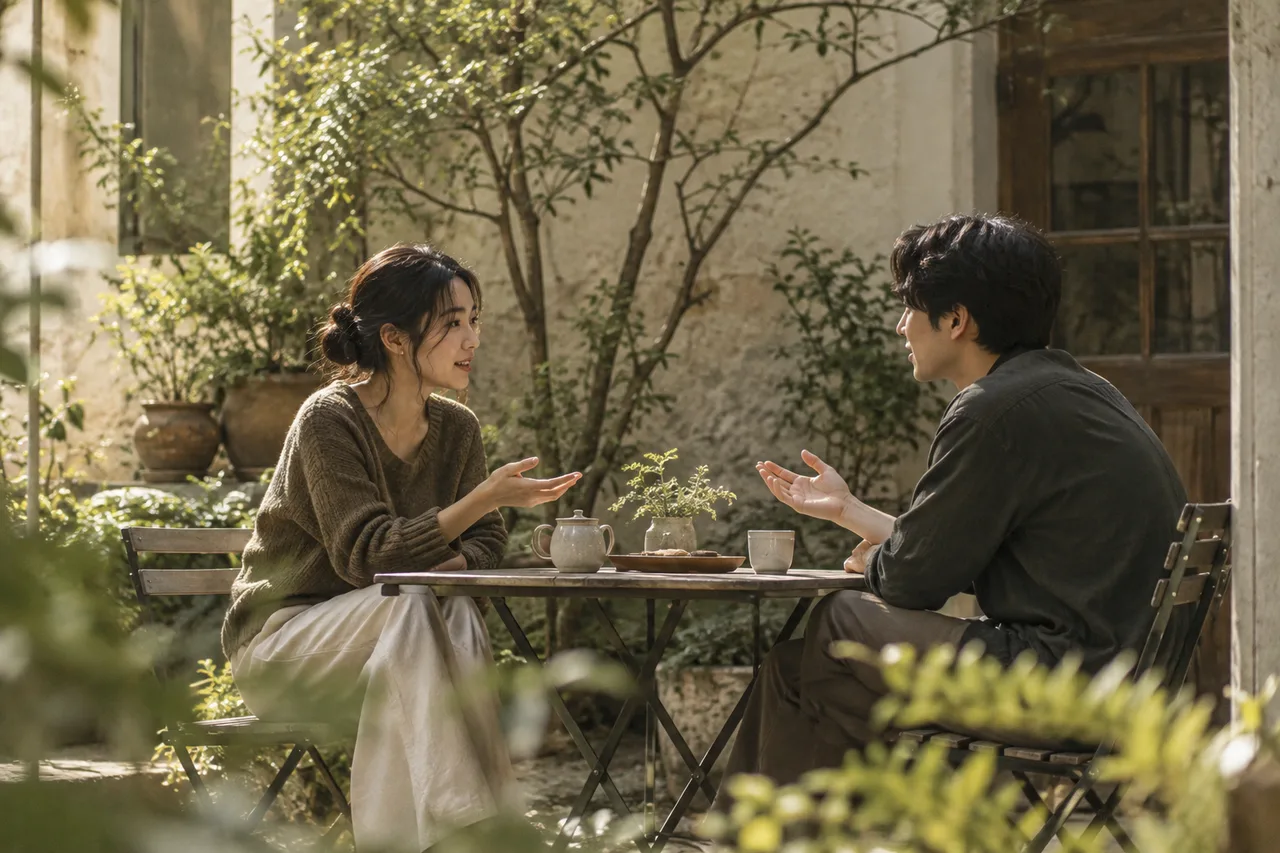 중정의 작은 테이블에서 손짓으로 대화를 확인하는 두 사람