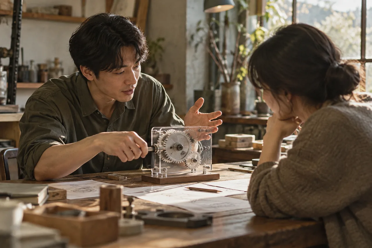 투명한 수동 기어 모형을 돌리며 설명하는 두 사람